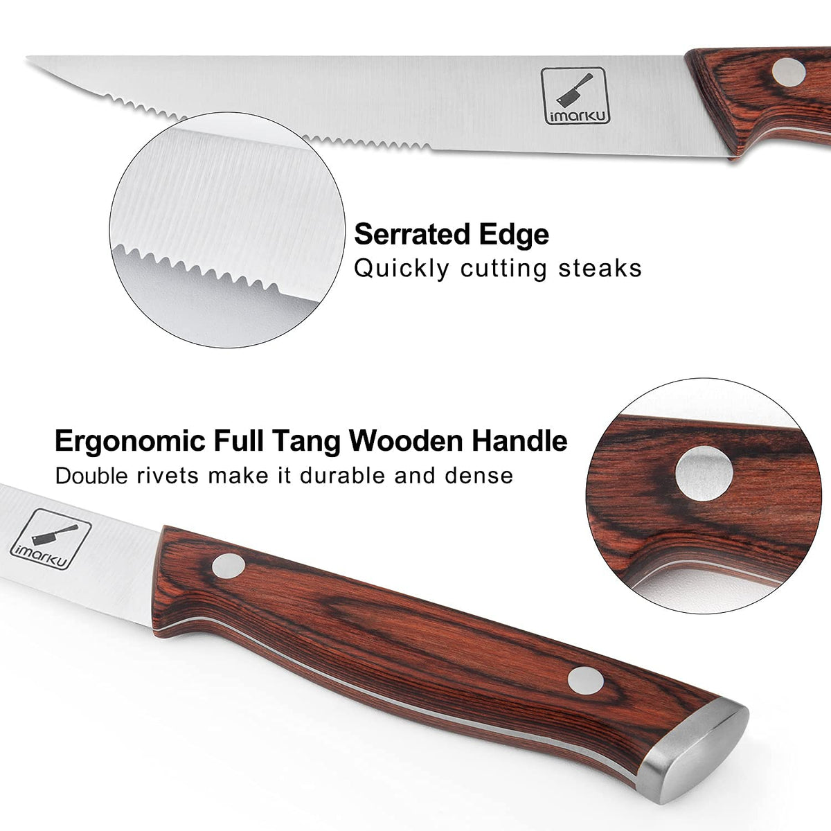 imarku Steak Knives Set of 6, Japanese HC Steel, 5" Serrated, Gift Box