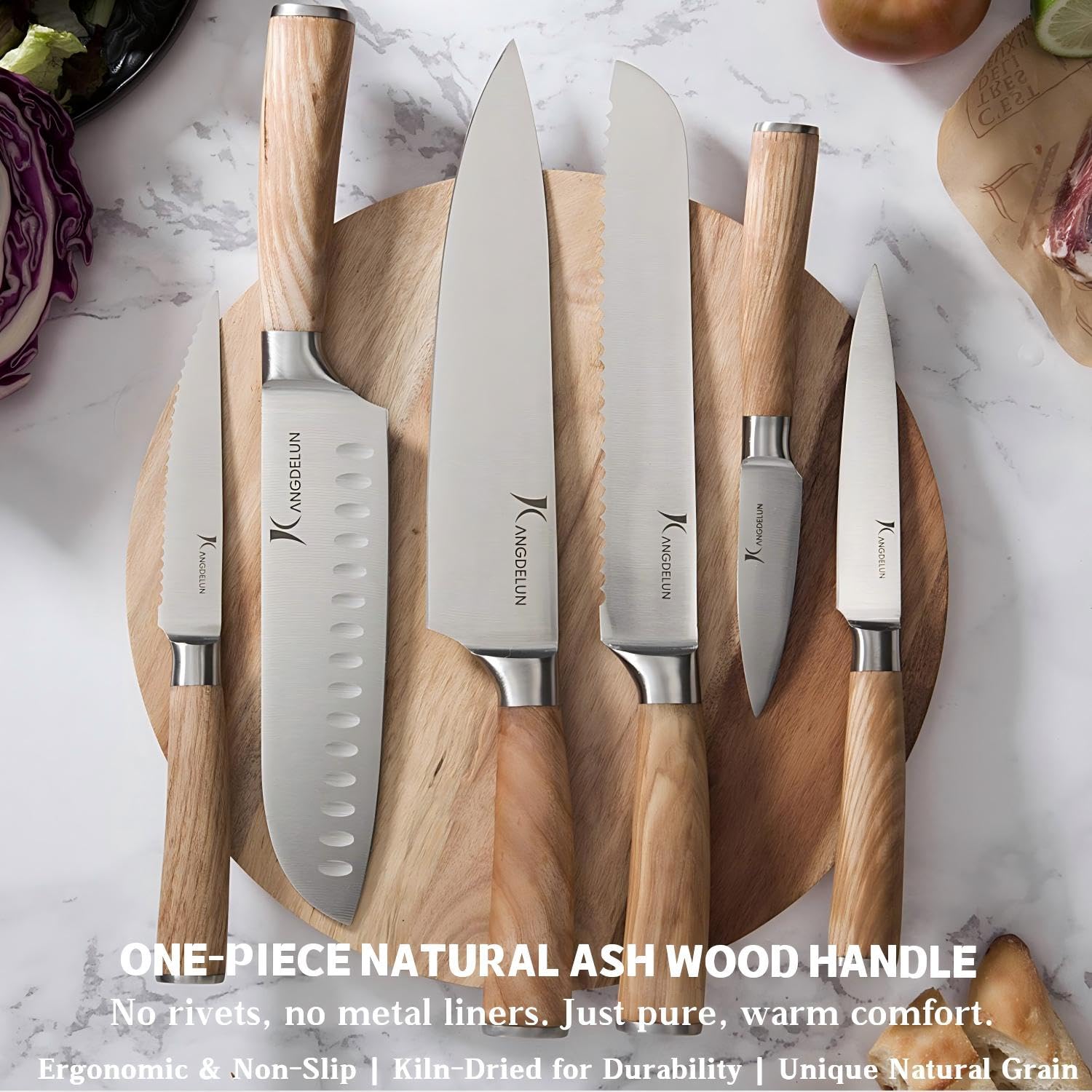 Kangdelun Ultra Sharp 14-Piece Kitchen Knife Set, High Carbon Stainless Steel Blades, Torrefied Natural Wood Handles, Ergonomic Design, Space-Saving White-Finished Wood Block, Easy Hand Wash, Gift Box