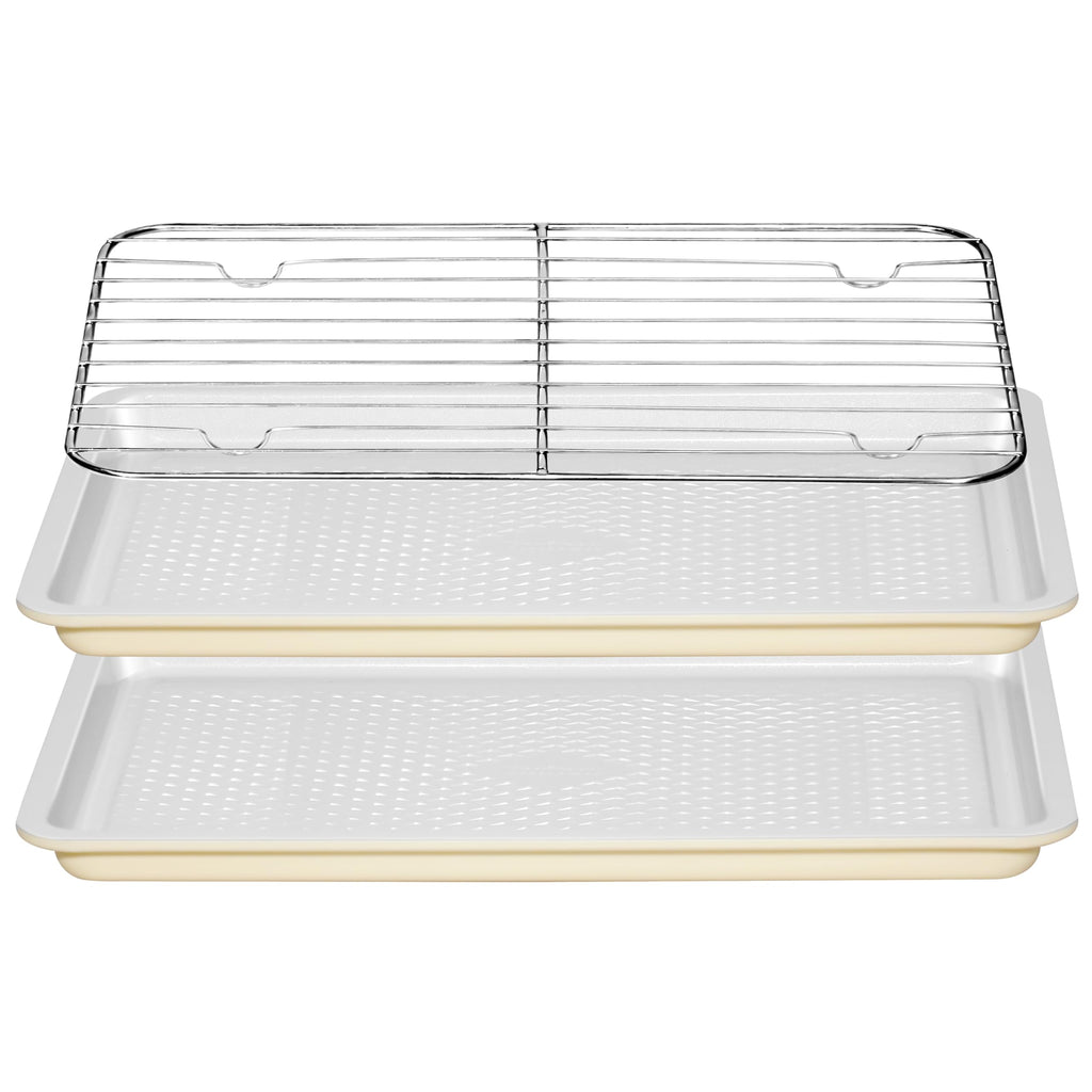 Ymiton Nonstick Ceramic Baking Sheet With Rack, 2-Pack 15x10 Jelly Roll Sheet Pan, Non-Toxic, PTFE & PFOA Free, Warp-Free, Oven Safe 550°F, Dishwasher Safe, Aluminized Steel, Gray Yellow