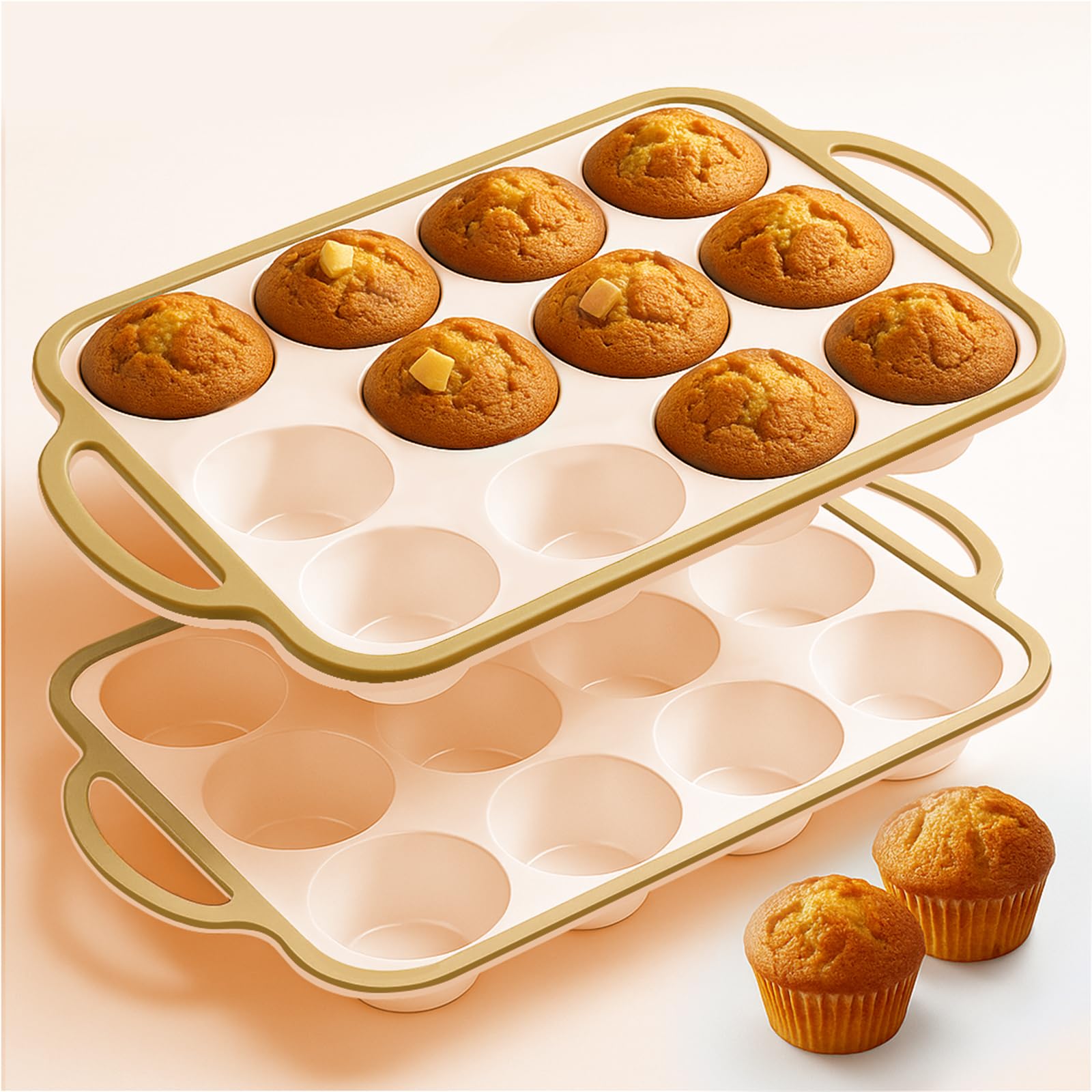 Fimary Silicone Muffin Pans for Baking 2 Pack, 2.6 Inch with Metal Reinforced Frame, Regular Size Nonstick Cupcake Pan 12 Cups for Baking Homemade Muffins, Dishwasher Safe BPA Free-Light Yellow