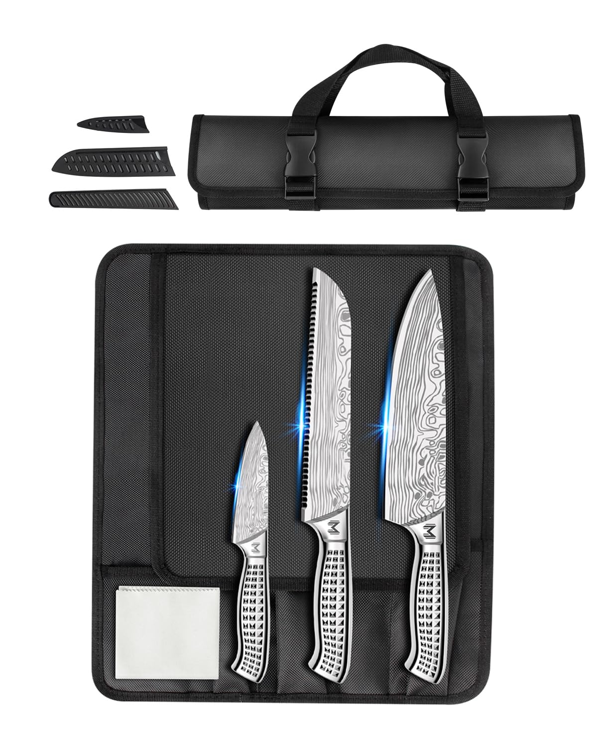 Meleho 4PCS Kitchen Knife Set,High-Carbon Stainless Steel Chef Knife Set, Portable Knife Roll Bag, Portable Knives for Outdoor Camping and Travel