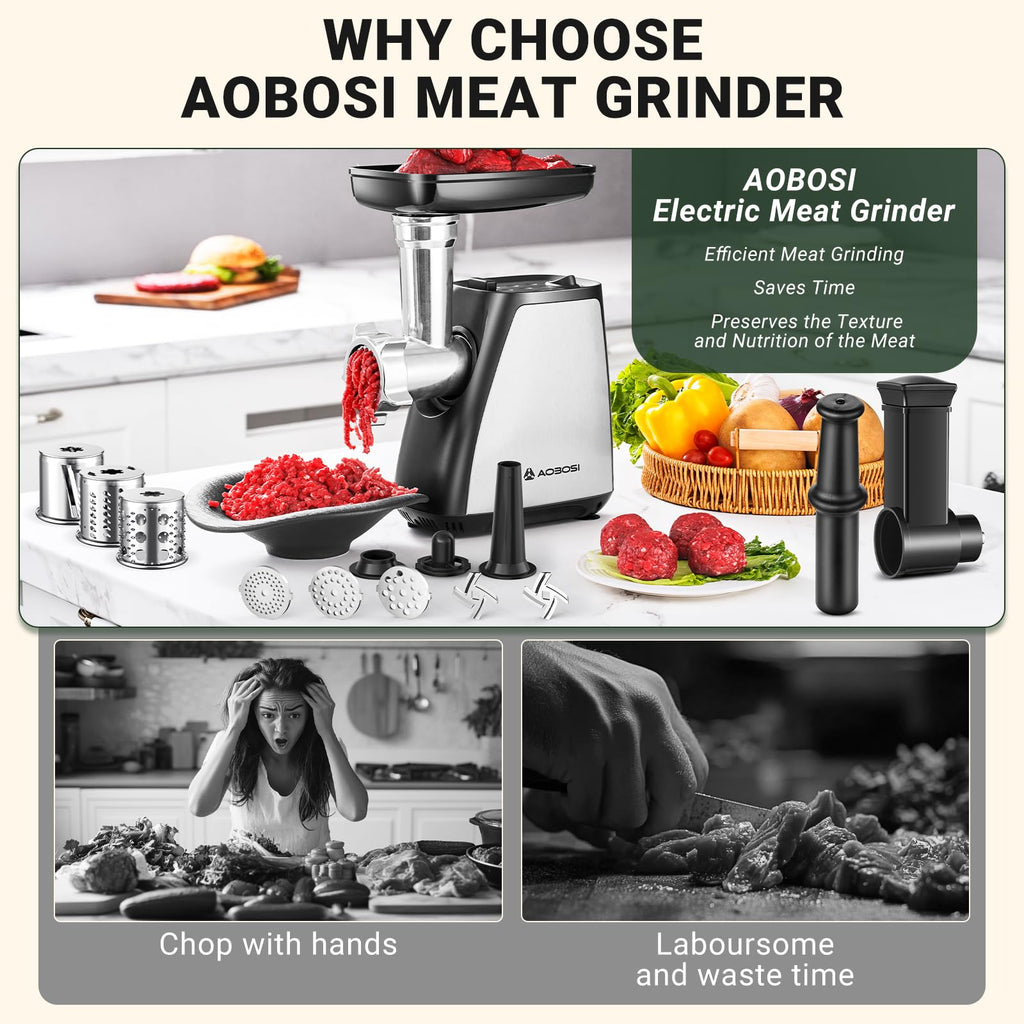 AAOBOSI Meat Grinder Electric, [2800W Max] Meat Grinder, Cheese Grater, Sausage Maker & Kibbe Kit for Home Use