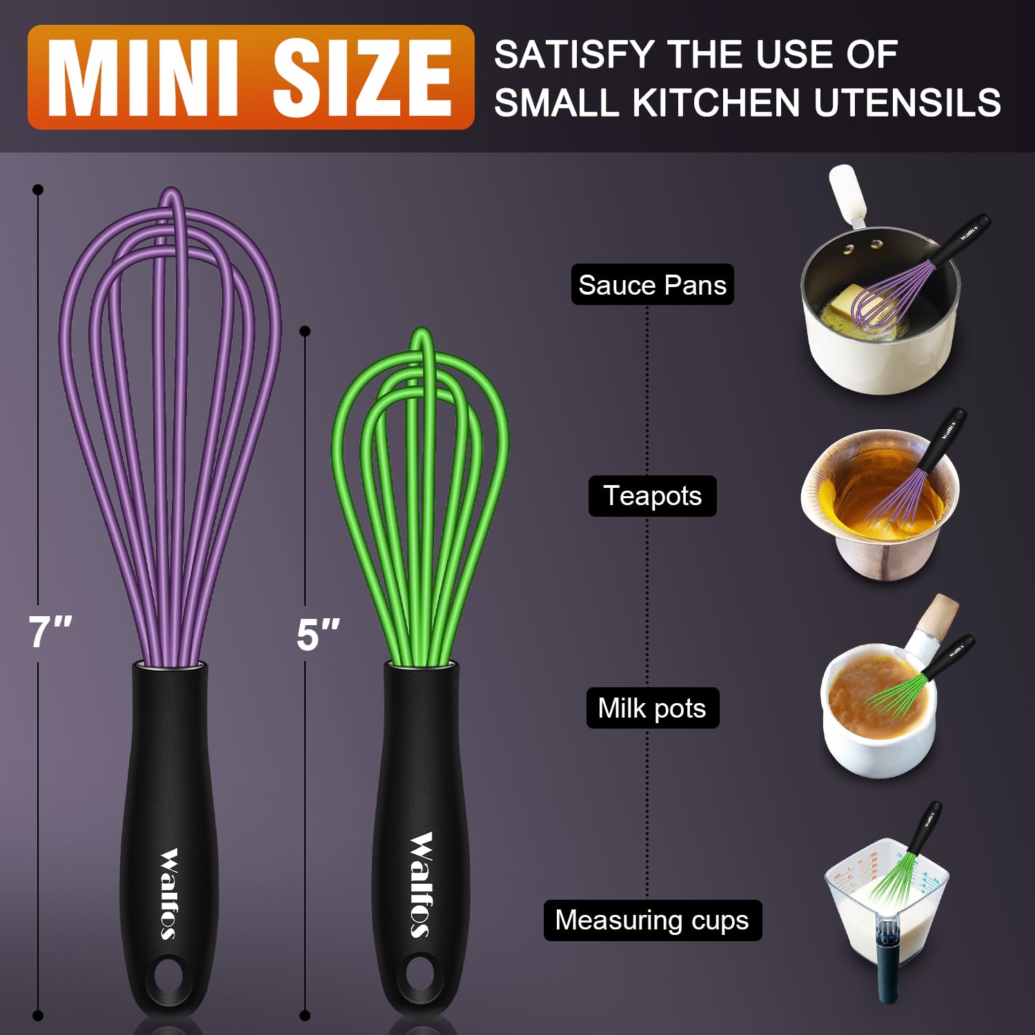 Walfos Whisk,5+7Inch Mini Whisks,Silicone Non Scratch whisk,Heat Resistant(480°F) Small whisks Suitable for stirring individual eggs and mixing small amounts of powder and sauce. Purple & Green