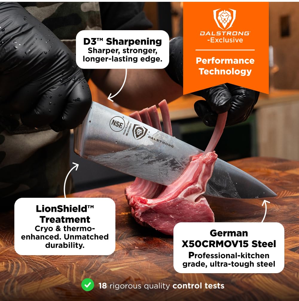 Dalstrong 8" Chef Knife — Forged High-Carbon German Steel, Full-Tang, Hand-Polished 16–18° Edge — Gladiator Series ELITE For Daily Home Cooking, BBQ Prep & Professional Kitchens — G-10, NSF