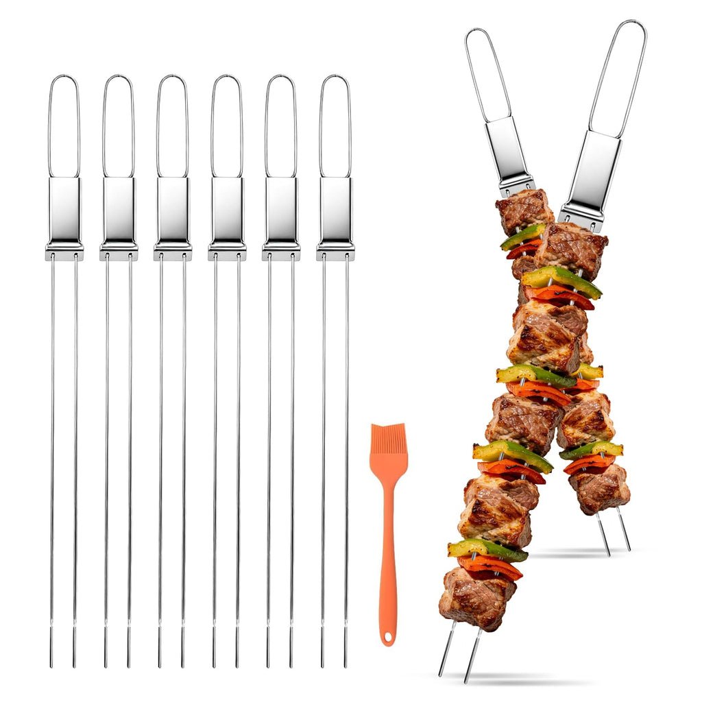 Metal Skewers, 17"（10PCS), Double Pronged Flat Stainless Steel with Slider