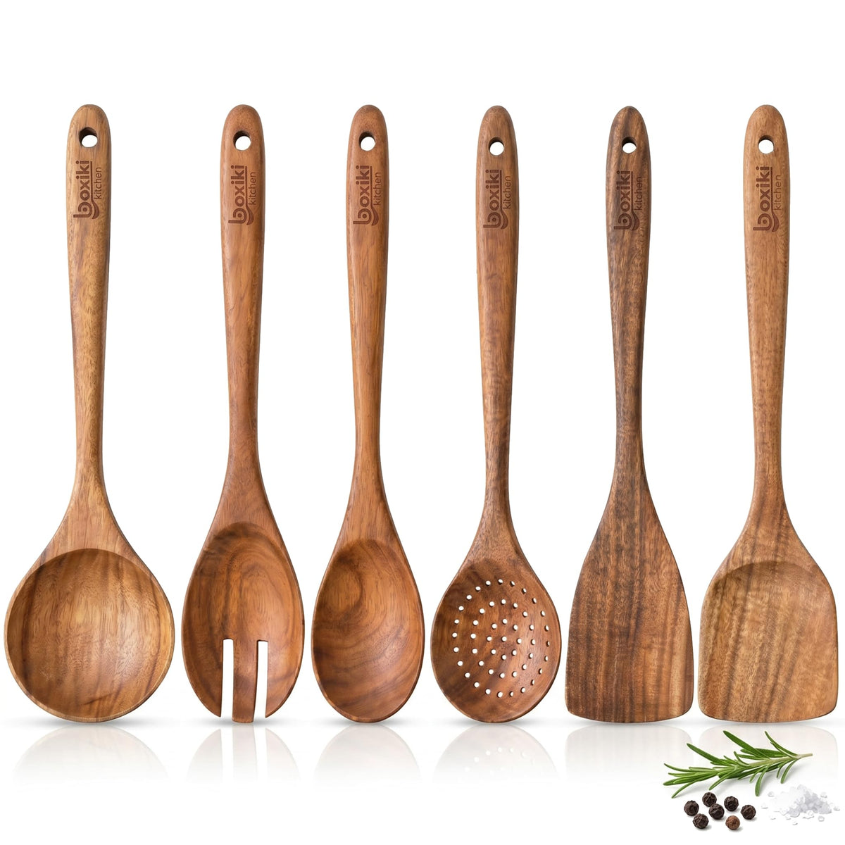 Boxiki Kitchen Luxury Teak Wood Utensil Set - Elegant 6-Piece Cooking Ensemble Including Spoons, Server, Scraper & Spatula - Expertly Crafted for Culinary Excellence