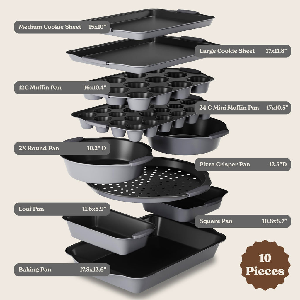 Country Kitchen Nonstick Stackable Bakeware Set - Heavy Duty, Durable, Easy Release Baking Set, Grey, 10 Pcs