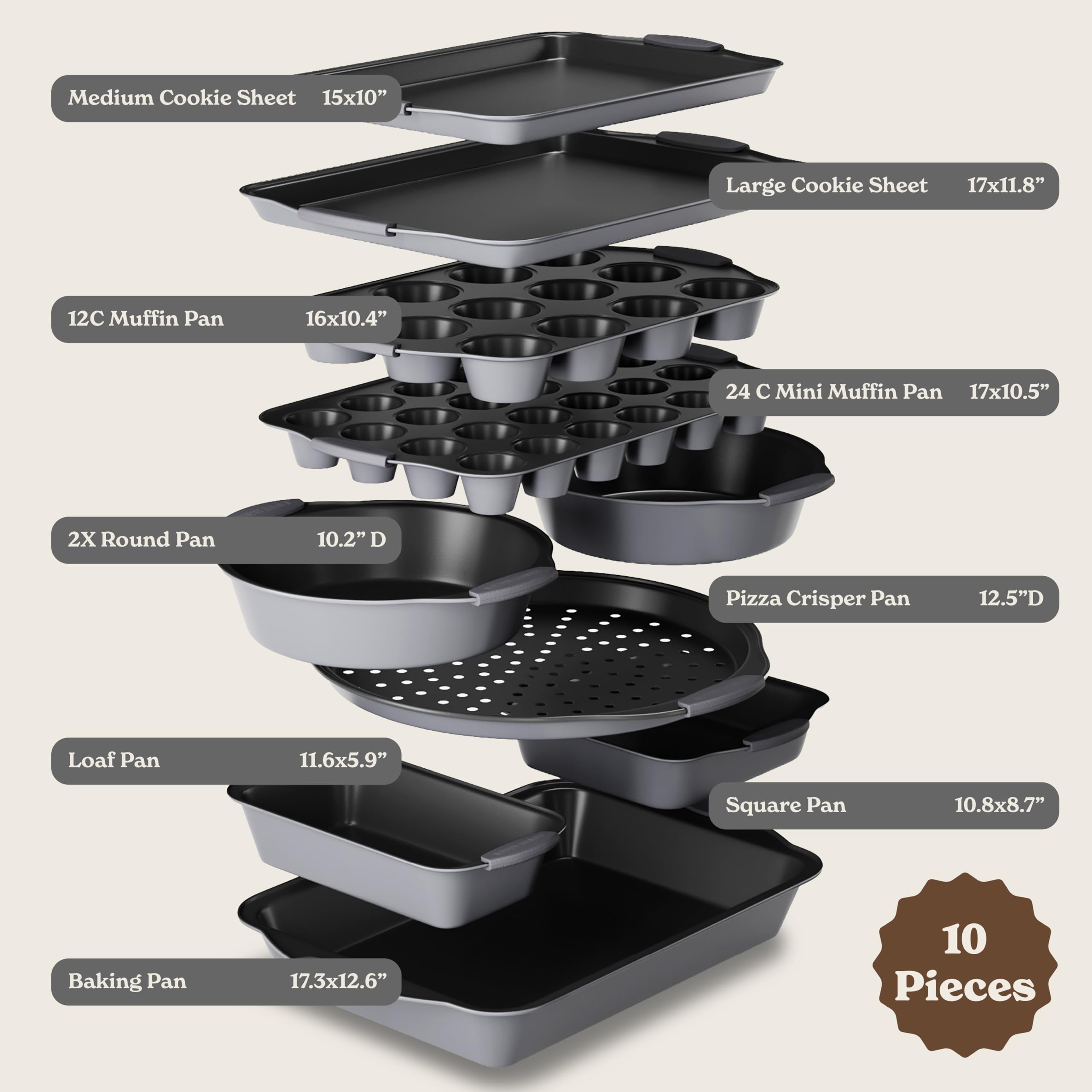 Country Kitchen Nonstick Stackable Bakeware Set - Heavy Duty, Durable, Easy Release Baking Set, Grey, 10 Pcs