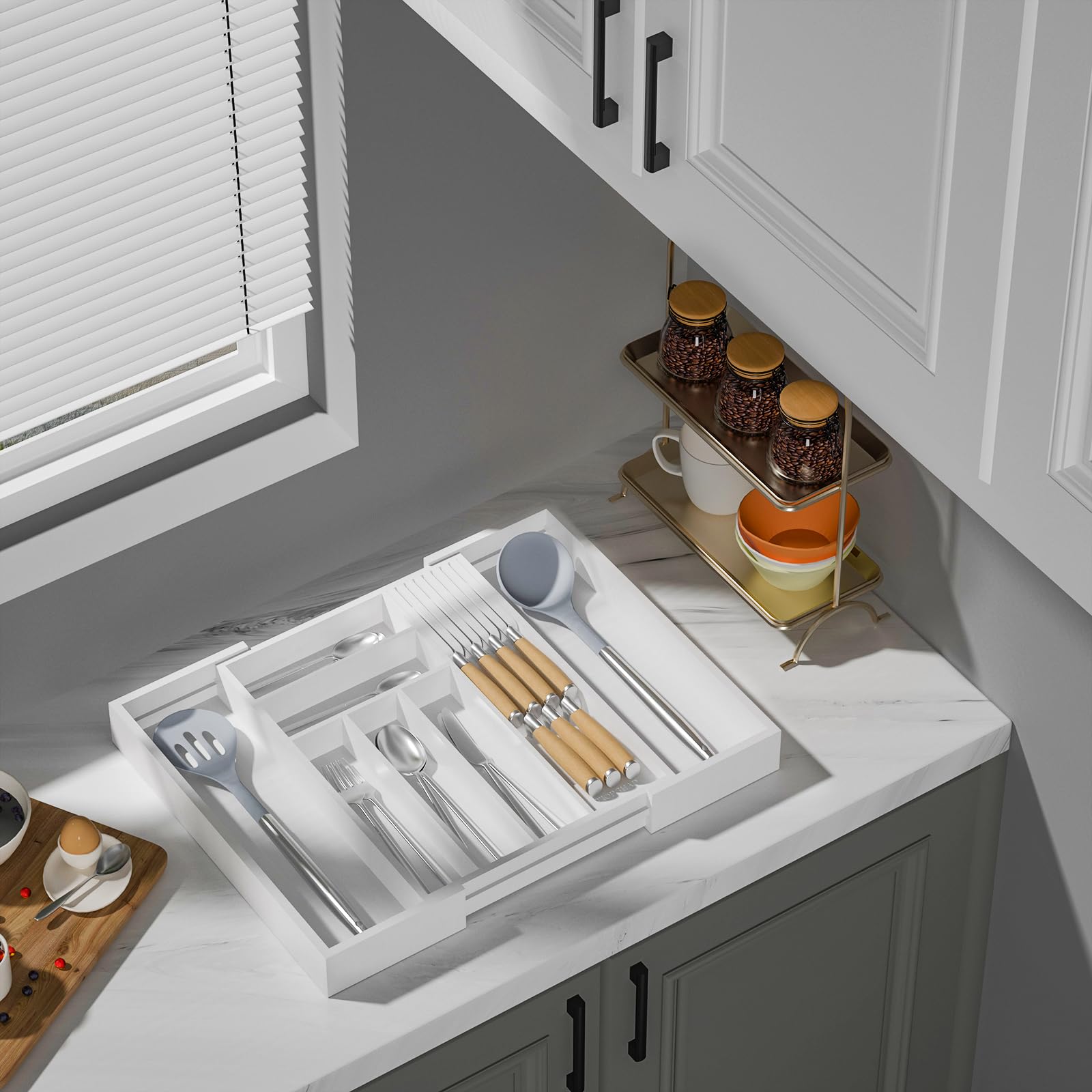 TIOPGHAD Expandable Bamboo Silverware Drawer Organizer Kitchen Tray, White
