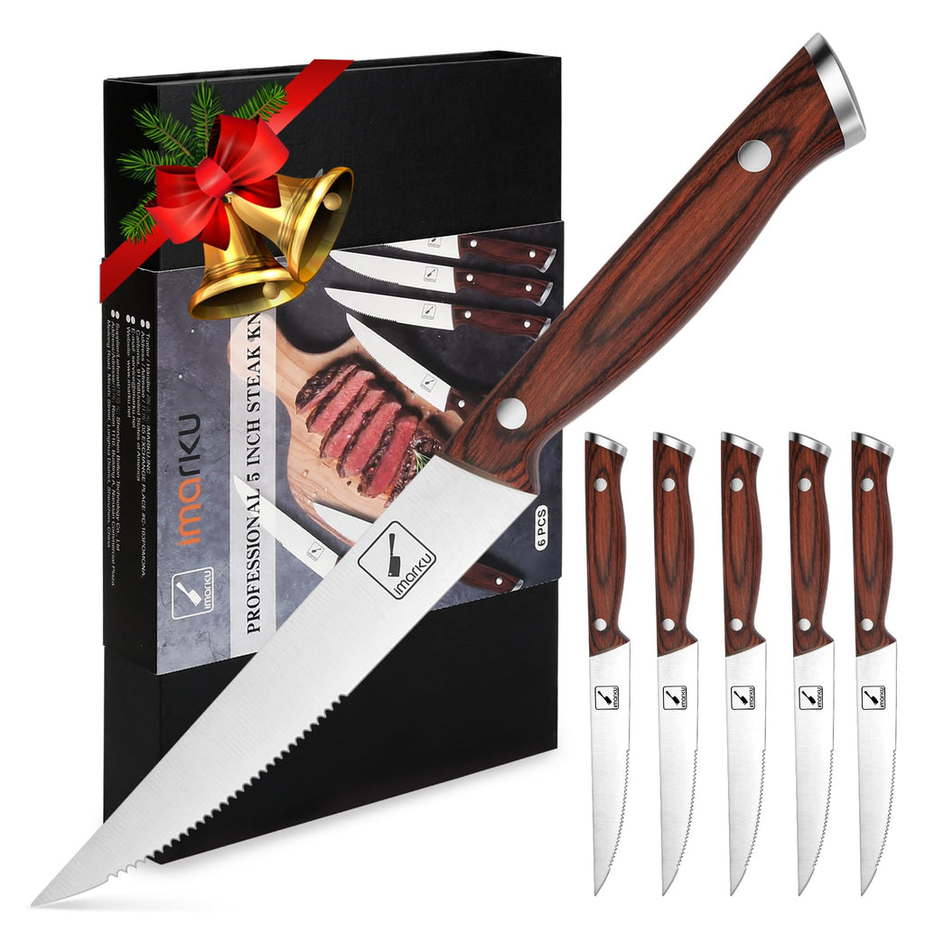 imarku Steak Knives Set of 6, Japanese HC Steel, 5" Serrated, Gift Box