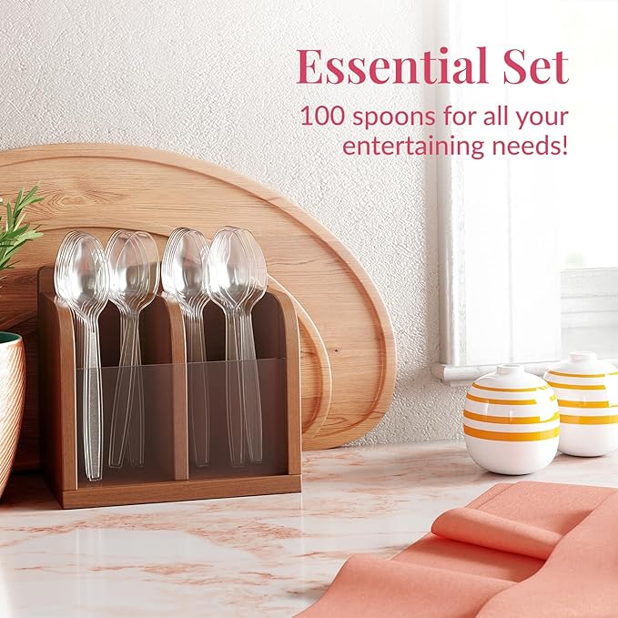 Prestee 100 Clear Plastic Spoons Bulk - Durable Disposable Plastic Silverware Spoons - Heat-Resistant Spoon Cutlery - Heavy Duty Flatware Pack - Disposable Silverware Utensil Set for Hot and Cold Food
