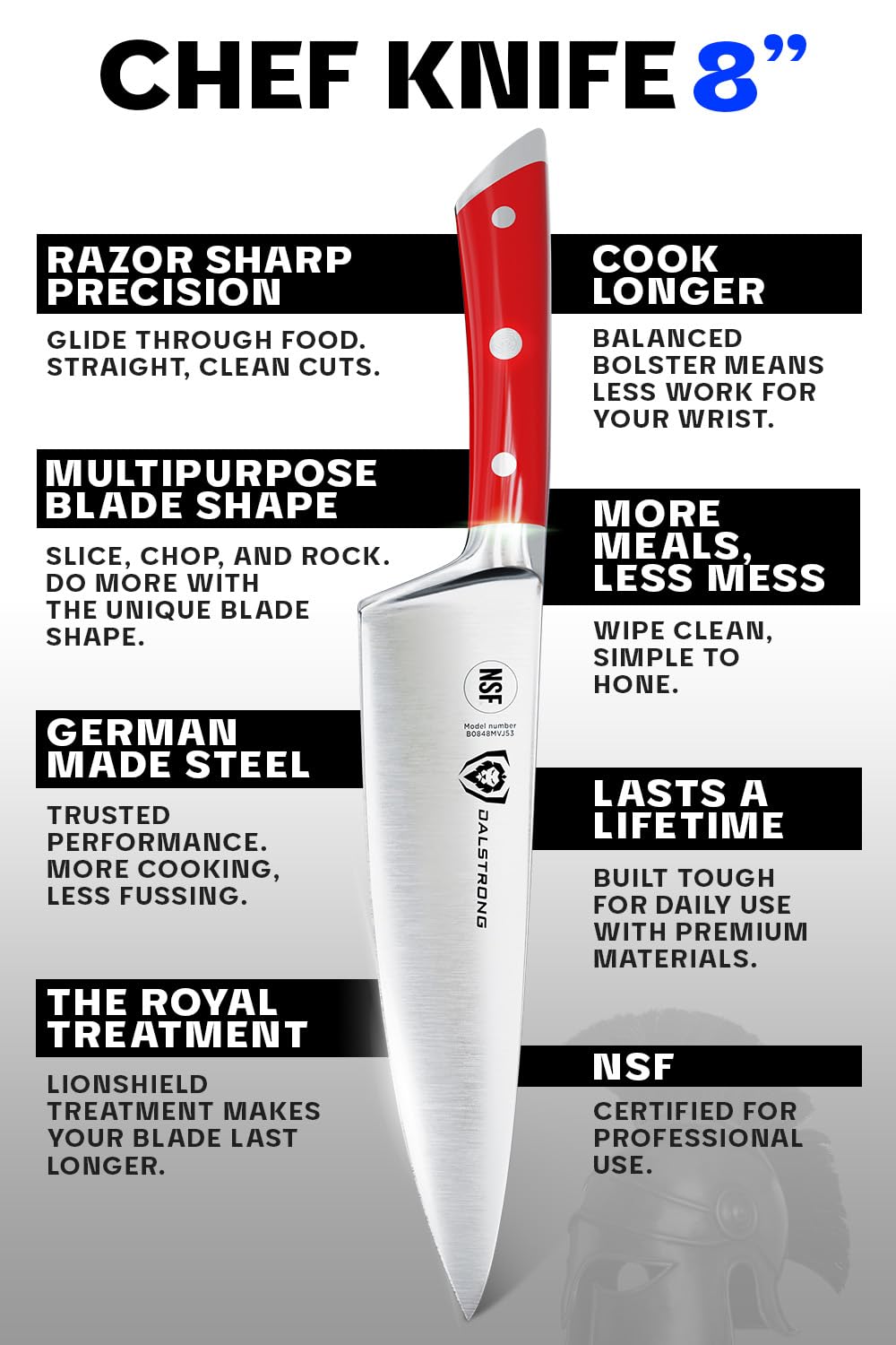 Dalstrong Chef Knife - 8 inch Blade - Gladiator Series - Forged High Carbon German Steel - Razor Sharp Kitchen Knife - Professional Full Tang Knives - Crimson Red Handle ABS - Sheath - NSF Certified