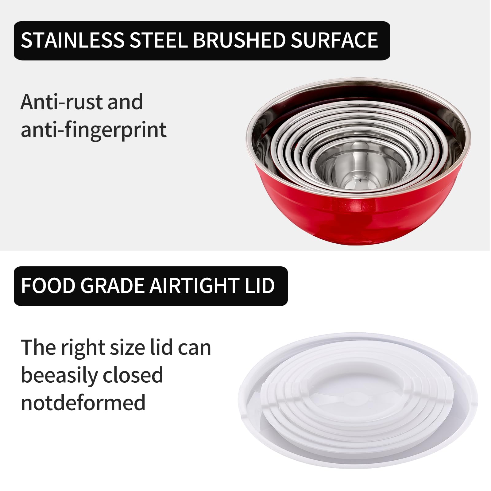 LKTDYMEG Red Mixing Bowls with Lids Set of 7, Stainless Steel Nesting Bowl with Khaki Lid for Non-slip Mixing Prepping Storing Serving, 7 Sizes-7/3.6/2.7/2.1/1.5/1/0.8 QT