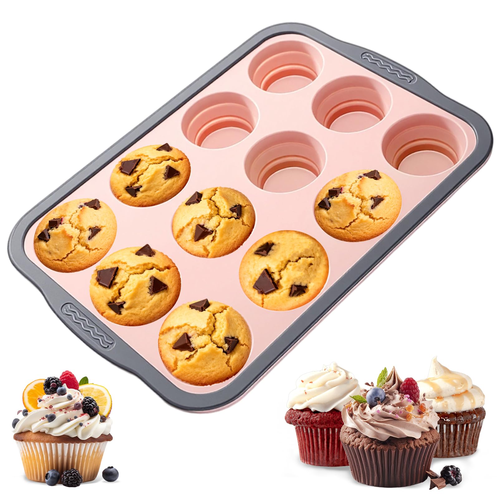 BHNJUTM 12-Cup Silicone Muffin Pan for Baking - Premium Nonstick Muffin Tin with Metal Reinforced Frame, Easy to Clean Silicone Cupcake Molds, Dishwasher & Oven Safe BPA Free (one pink)