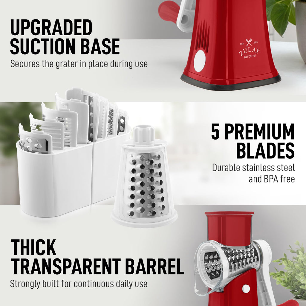 Zulay Kitchen Rotary Cheese Grater 5 Blade Cheese Shredder - Manual Hand Crank Cheese Grater With Reinforced Suction & 5 Interchangeable Drums - Easy to Use, Vegetable Chopper Round Mandoline Slicer
