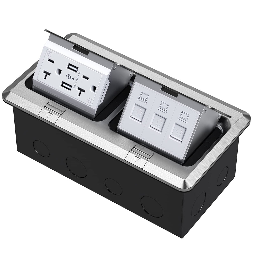 KYHSHJ Dual Pop-Up Floor Electrical Outlet Box Kit，20 Amp Stainless Steel GFCI TR Receptacle Outlet，3-Port RJ45 Datacom Receptacle， Black