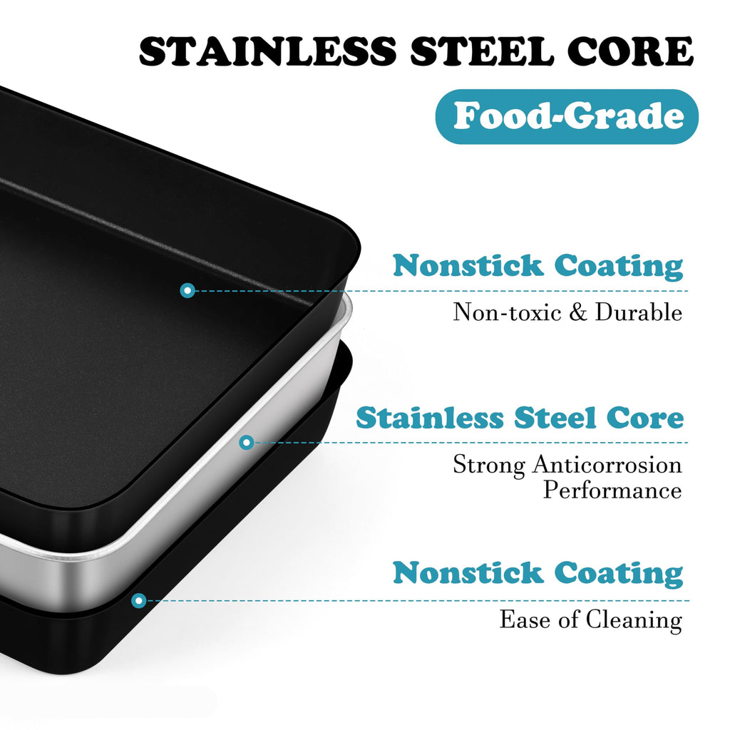 E-far Small Baking Pan with Lid, 10.4 x 8 Inch Nonstick Stainless Steel Rectangle Cake Pan with Cover for Baking Brownies Lasagna, Stainless Steel Core & Nonstick Coating, Non-toxic & Oven Safe