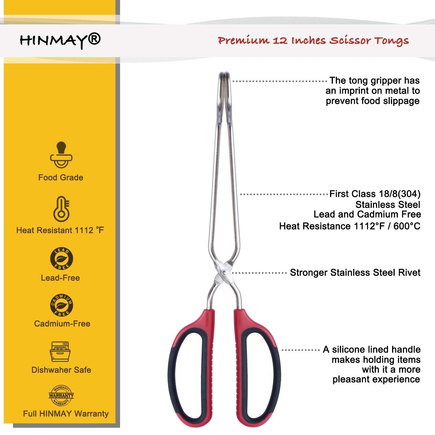 HINMAY Stainless Steel Scissor Tongs with Comfort-Grip Handle 12-Inch