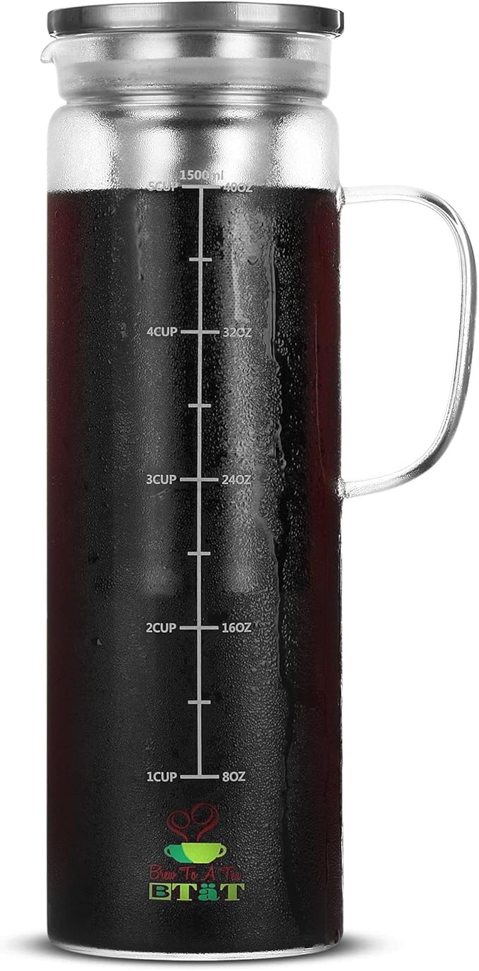 BTaT- Cold Brew Coffee Maker, 1.5 Quart,48 oz Iced Coffee Maker, Iced Tea Maker, Airtight Cold Brew Pitcher, Coffee Accessories, Cold Brew System, Cold Tea Brewing, Coffee Gift