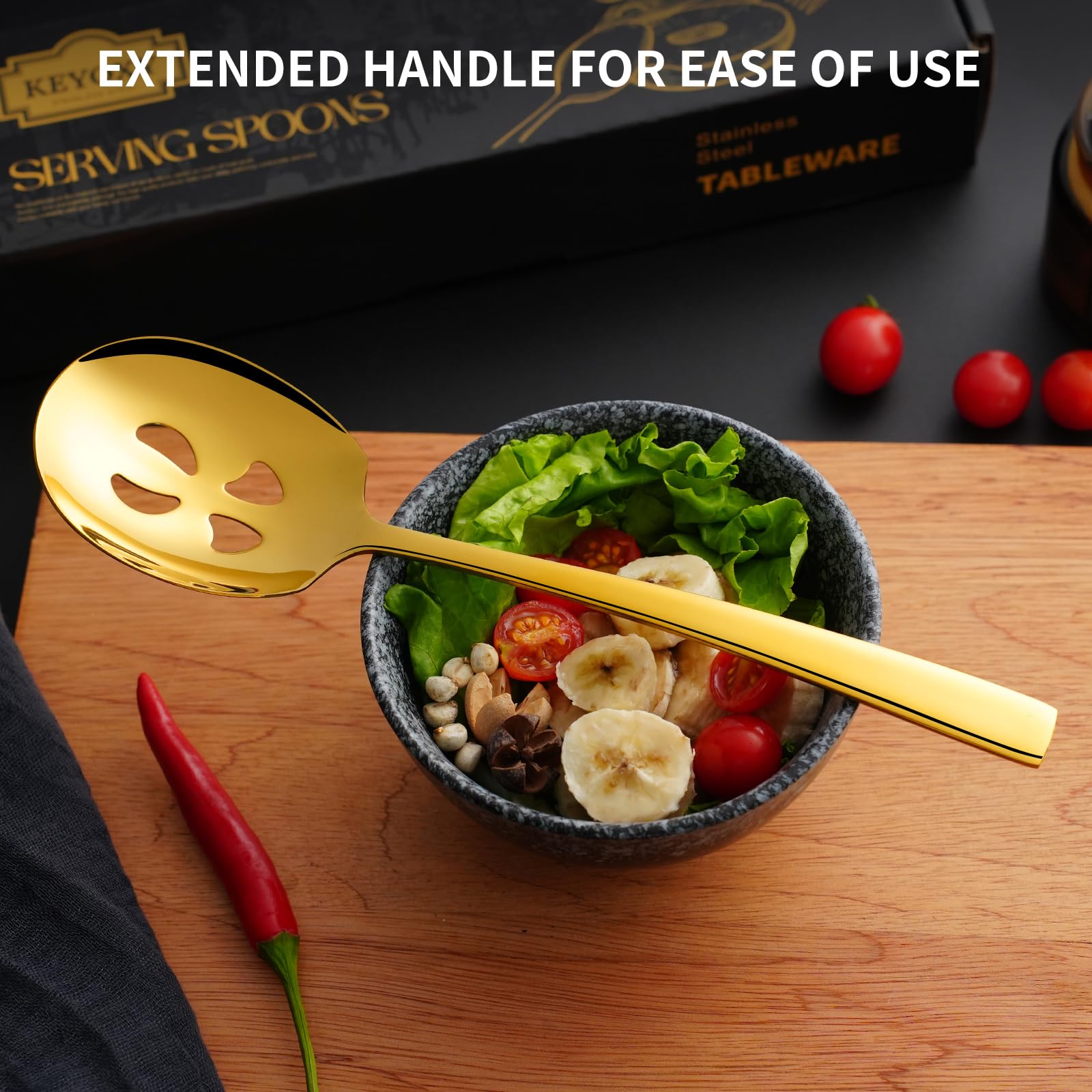 Keyoxy 6 Piece Stainless Steel Serving Spoons Set - 3 Large, 3 Slotted, 9.2-Inch, Dishwasher Safe, for Parties/Kitchen/Buffet/Catering,Gold