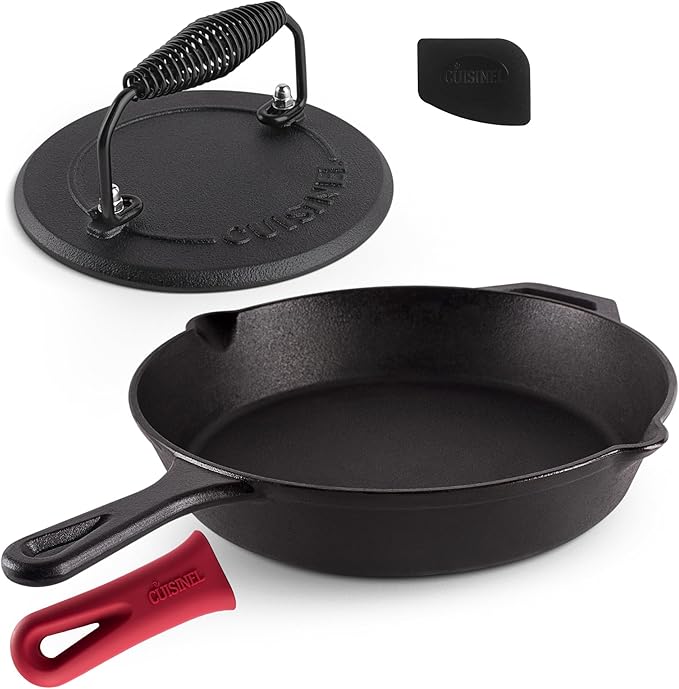 Cuisinel Cast Iron Skillet with Lid - 12"-Inch Frying Pan + Glass Cover + Silicone Handle Holder - PFAS and PFOA-free Pre-Seasoned Oven Safe Cookware - Indoor/Outdoor Use - Grill, BBQ, Fire, Stovetop