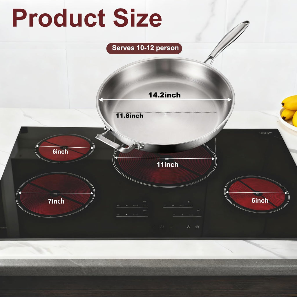 DELARLO 14" Stainless Steel Pan, 18/10 Frying Pan, Oven Safe Up to 600°F, Nontoxic Cookware, Compatible with All Cooktops Skillet, Durable, Fast Even Heat Fry Pan, Large 14.2 Inch Frying Pan