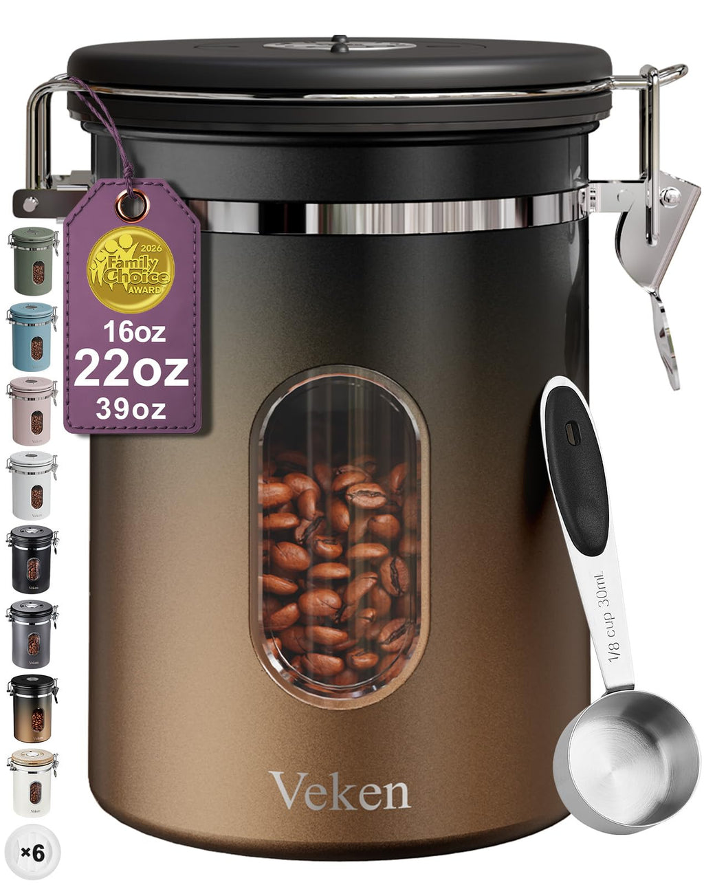 Veken Coffee Canister with Window, Airtight Stainless Steel Container, 22OZ