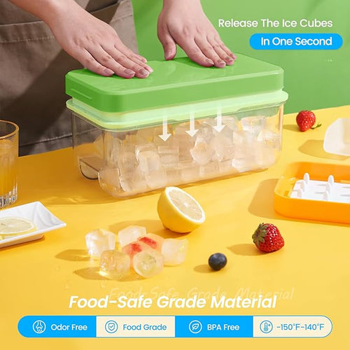 0.8“ Ice Cube Tray with Lid and Bin, PHINOX 28 Cubes Ice Trays for Freezer, Ice Cube Trays for Freezer with 1 tray, Container, Lid & Ice Scoop, BPA Free, Green(28Cubes/Tier)