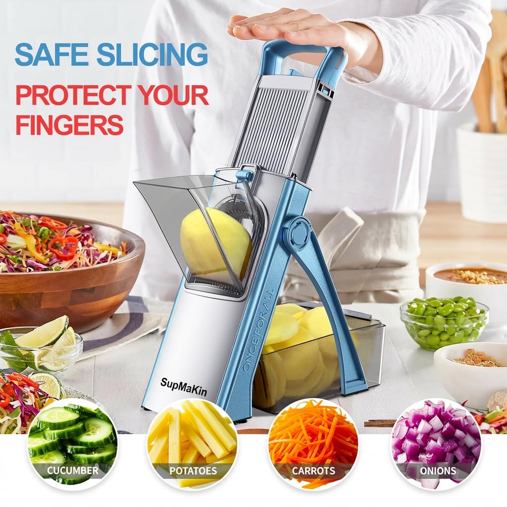 SupMaKin Upgrade Safe Mandoline Slicer Plus, Vegetable Chopper, Potato Slicer, Food Slicer Onion Chopper, Fry Cutter, Veggie Salad Dicer Kitchen Chopping Artifact Gifts (Blue)