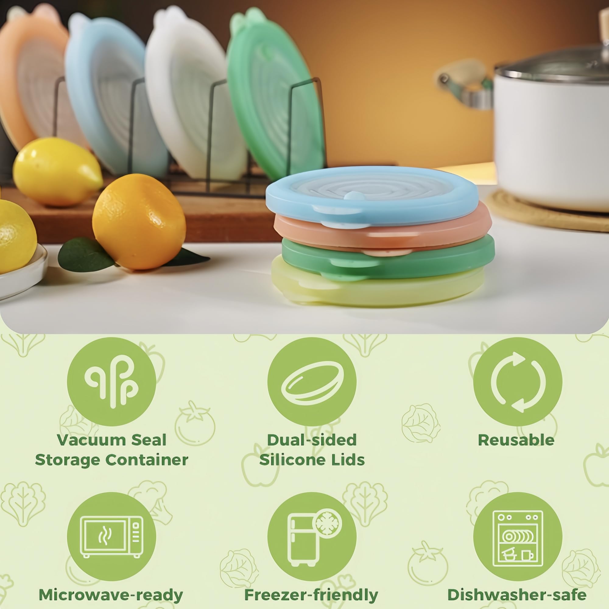Silicone Reusable Vacuum-Seal Storage Containers for Fridge,Fresh Fruit,Vegetables,Garlic,Onions,Lemons,Potatoes,Meat,for Microwave Oven Heating,Freezer,Dishwasher,Avocado Saver,Tomato Holder,4 Pack