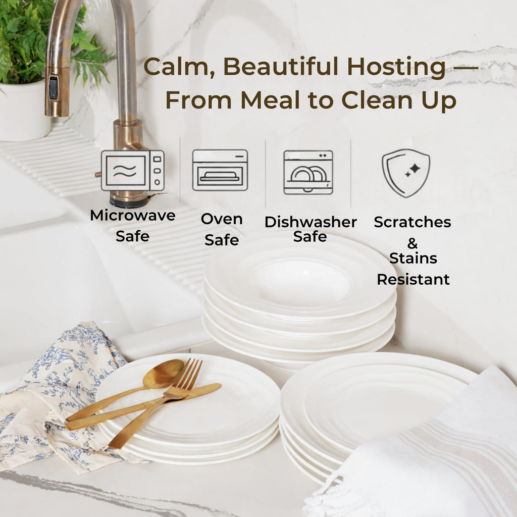 Pots & Patterns Organic Wave Dinnerware Set, 12-Piece Nature-Inspired Porcelain Dinner Plates & Bowls Set for 4, Wide Rimmed Pasta Bowls, Modern White Dishes for Hosting, Dishwasher & Microwave Safe