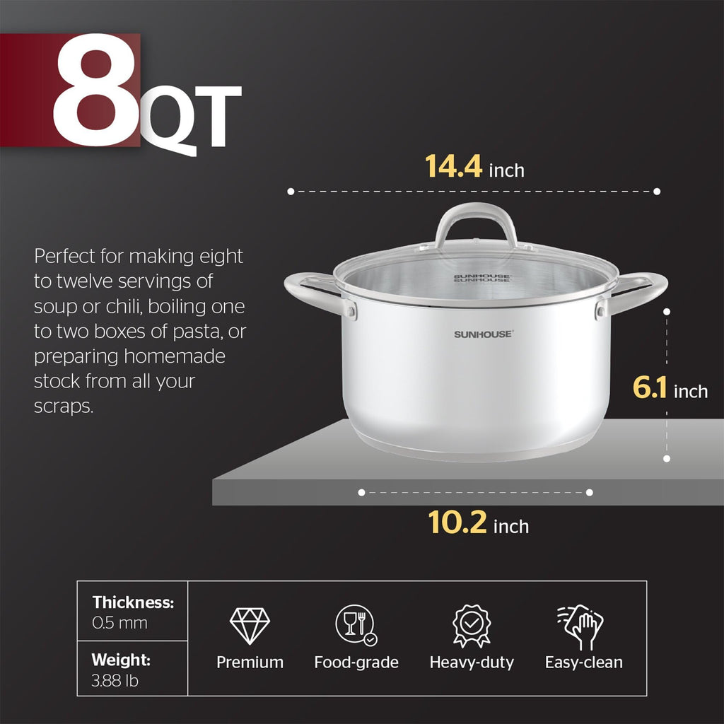 SUNHOUSE 8 Quart Stock Pot with Lid, Stainless Steel Large Pot for Cooking