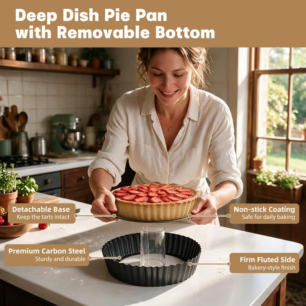 2 Pack 9.5 Inch Pie Pan with Removable Bottom for Baking Deep Quiche Dish
