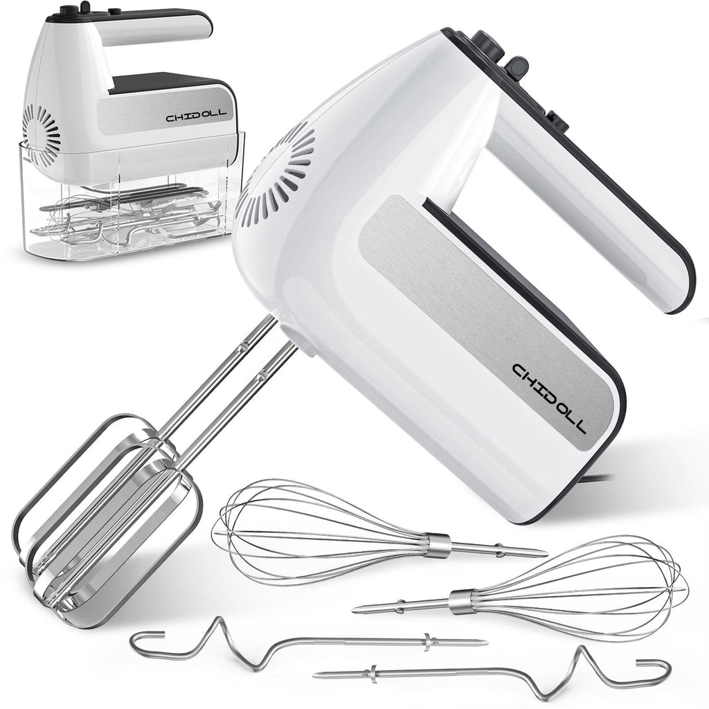 5-Speed Electric Hand Mixer, 800W Handheld Mixer with Turbo for Baking & Cooking, Kitchen Food Mixer with Storage Case & 6 Stainless Steel Attachments (2 Beaters, 2 Dough Hooks, 2 Whisks)-White