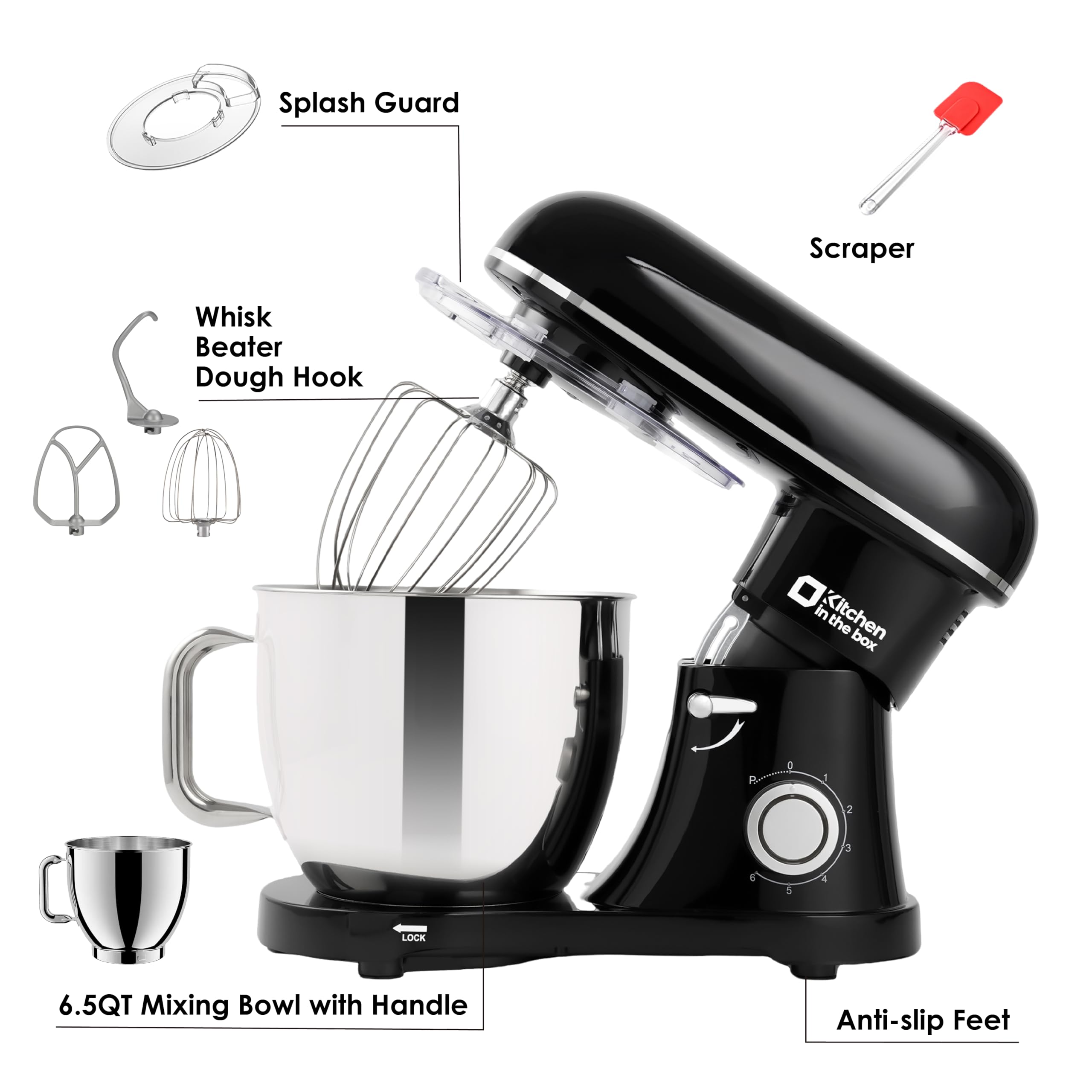 Kitchen in the box Stand Mixer - 6.5 Quart Mixing Bowl with Handle, 900 Watt Heavy Bread Dough Standing Mixers Tilt-head with Dough Hook, Whisk, Flat Beater and Splash Guard (Black)