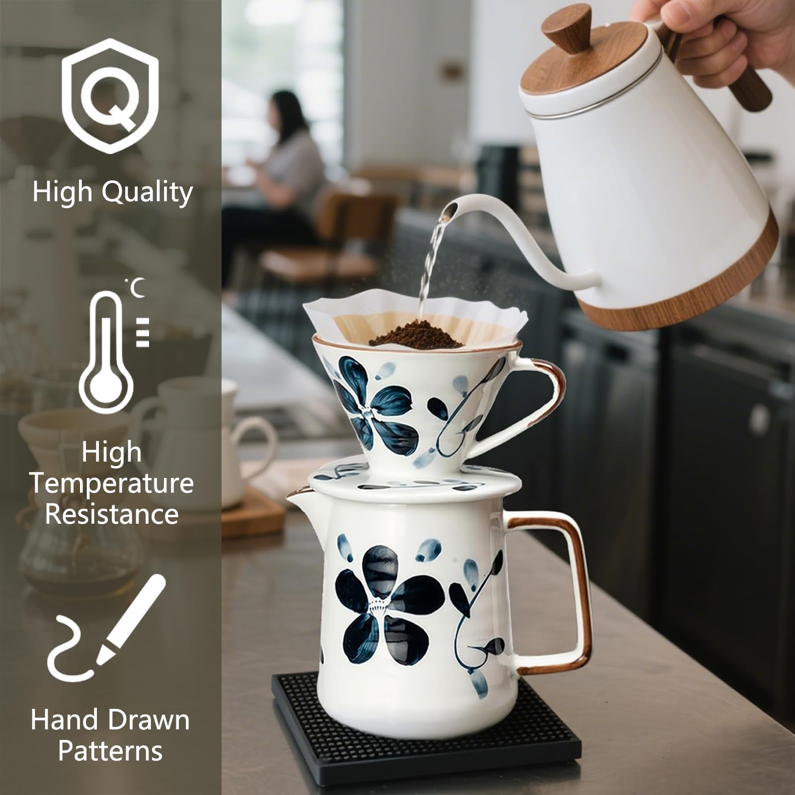 DYUEXI Ceramic Pour Over Coffee Maker Set, Ceramic Coffee Dripper with Single Hole, Coffee Pot & 100 Paper Filters for Home, Travel, Camping (1-2 Cup)
