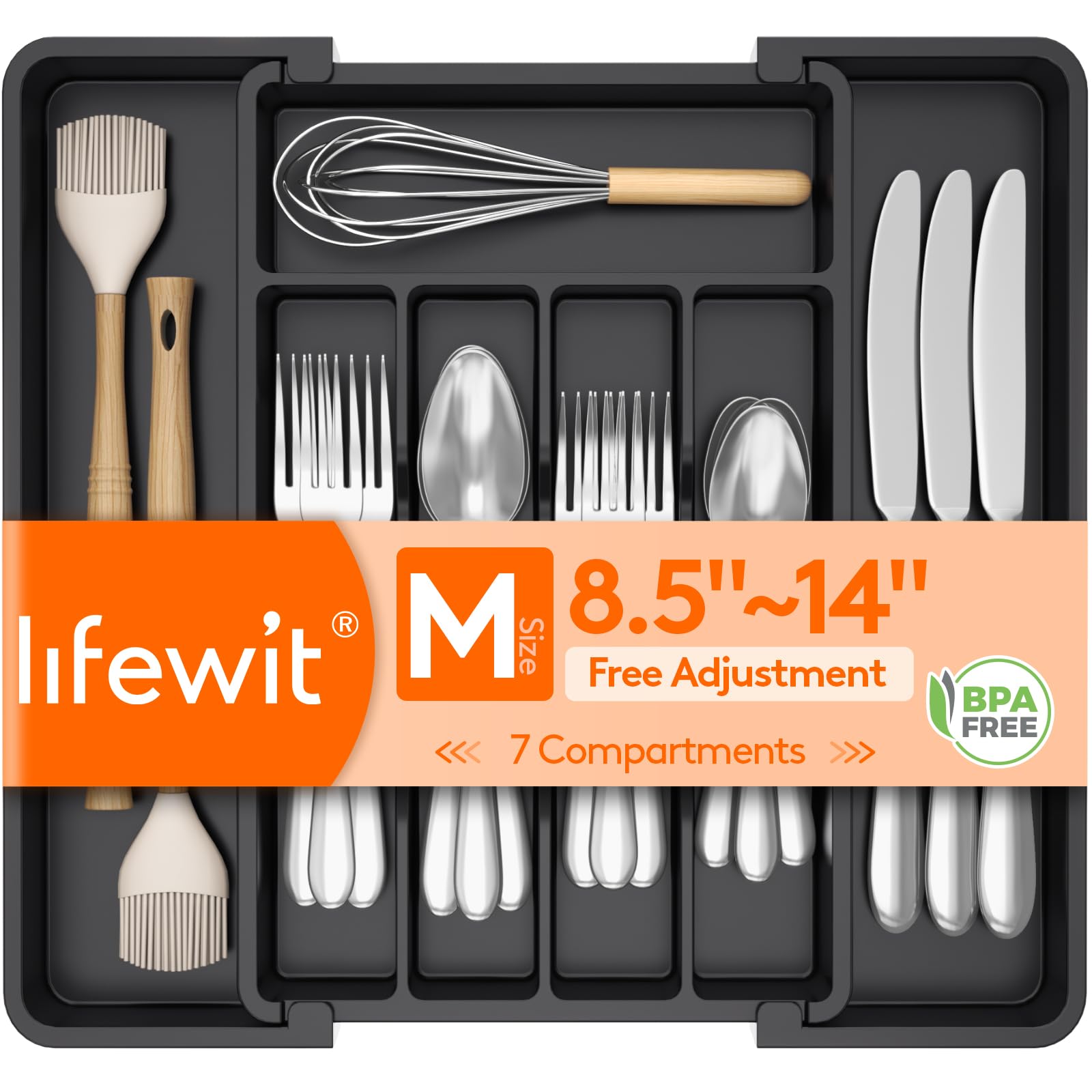 Lifewit Expandable Silverware Organizer, Plastic Utensil Tray for Kitchen Drawer, BPA Free Flatware Cutlery Holder, Space-Saving Storage for Spoons Forks Knives, 8-13.8 x 11.2 x 1.4 inch, Black