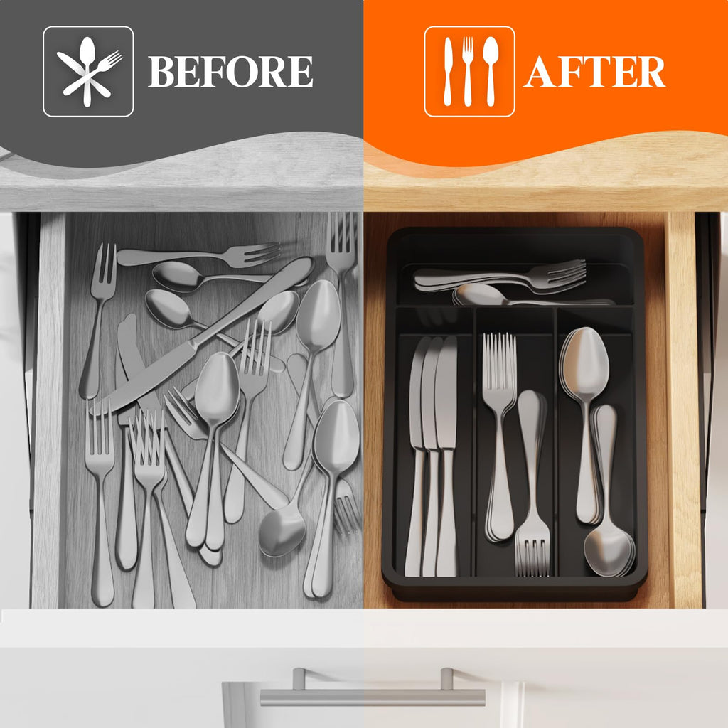 Lifewit Silverware Drawer Organizer Tray, Plastic Cutlery Storage for Kitchen, Flatware and Utensil Holder Divider for Spoons Forks Knives Tableware, 7.8 x 12.4", 4 Slots, Black