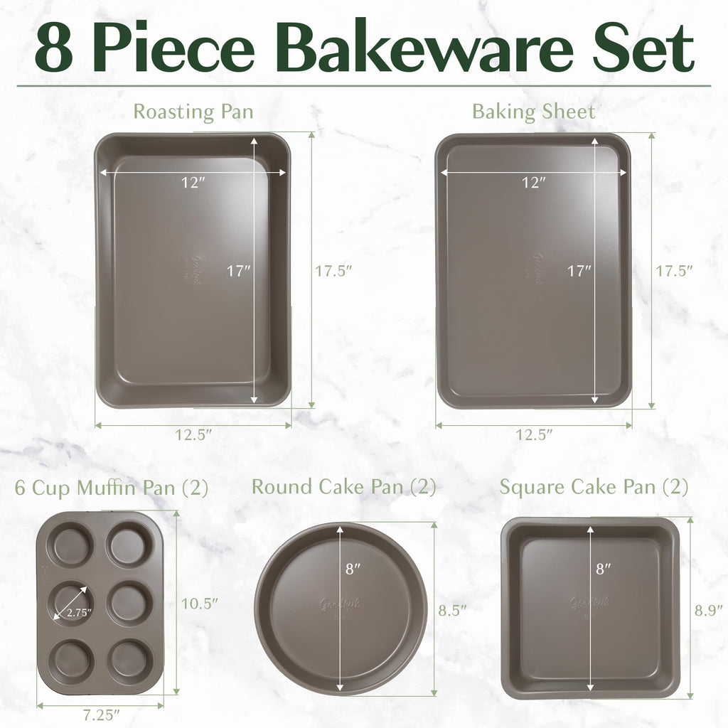 Goodful All-In-One Nonstick Bakeware Set, Stackable and Space Saving Design includes Round and Square Pans, Muffin Pans, Cookie Sheet and Roaster, Dishwasher Safe, 8-Piece, Linen