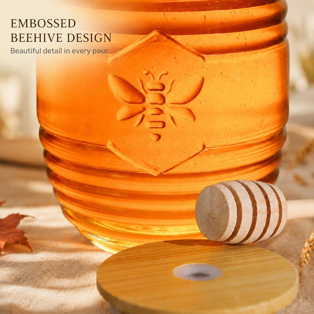 Kate Aspen 24oz. Bee Hive Shaped Honey Glass Mason Jar with Two Wooden Honey Dippers, Bamboo & Metal Lid, Kitchen Decor, Bumblebee Baby Shower Prize, Take Home Gift, Bee Decorations