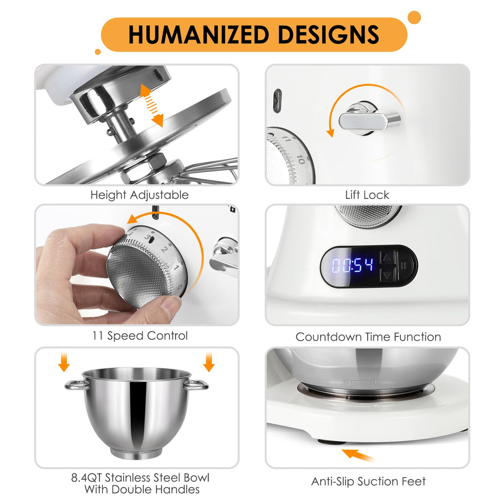 ZACME 8.4QT Commercial Stand Mixer 800W with Aluminum Die Casting Meets the Standard of NSF/ANSI 8-2023, Mixers Kitchen Electric Stand Mixer with Stainless Steel 8L Bowl, Dough Hook, Whisk and Beater