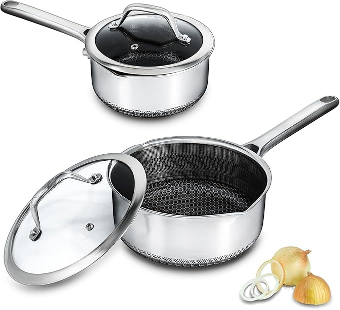 Bakoniion Hybrid Nonstick 2 QT Saucepan with Lid, Stainless Steel Honeycomb Pot with Two Pour Spouts,Compatible with All Cooktops,Dishwasher and Oven Safe