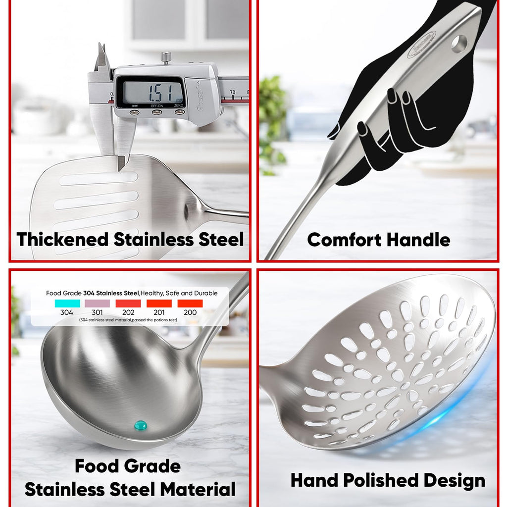 Newness 4 Pcs Cooking Utensils Set, 304 Stainless Steel Kitchen Utensils Set, Metal Kitchen Accessories, Include Soup Ladle, Slotted Skimmer Spoon, Spaghetti Spoon and Spatula, Dishwasher Safe
