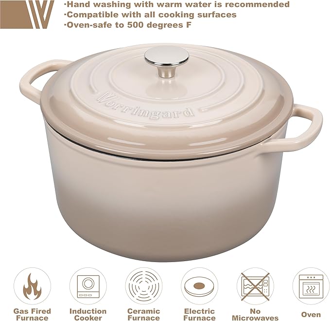 Enameled Cast Iron Dutch Oven Pot with Lid, for Sourdough Bread Baking, Round Dutch Ovens, 4.5 Quart, Latte