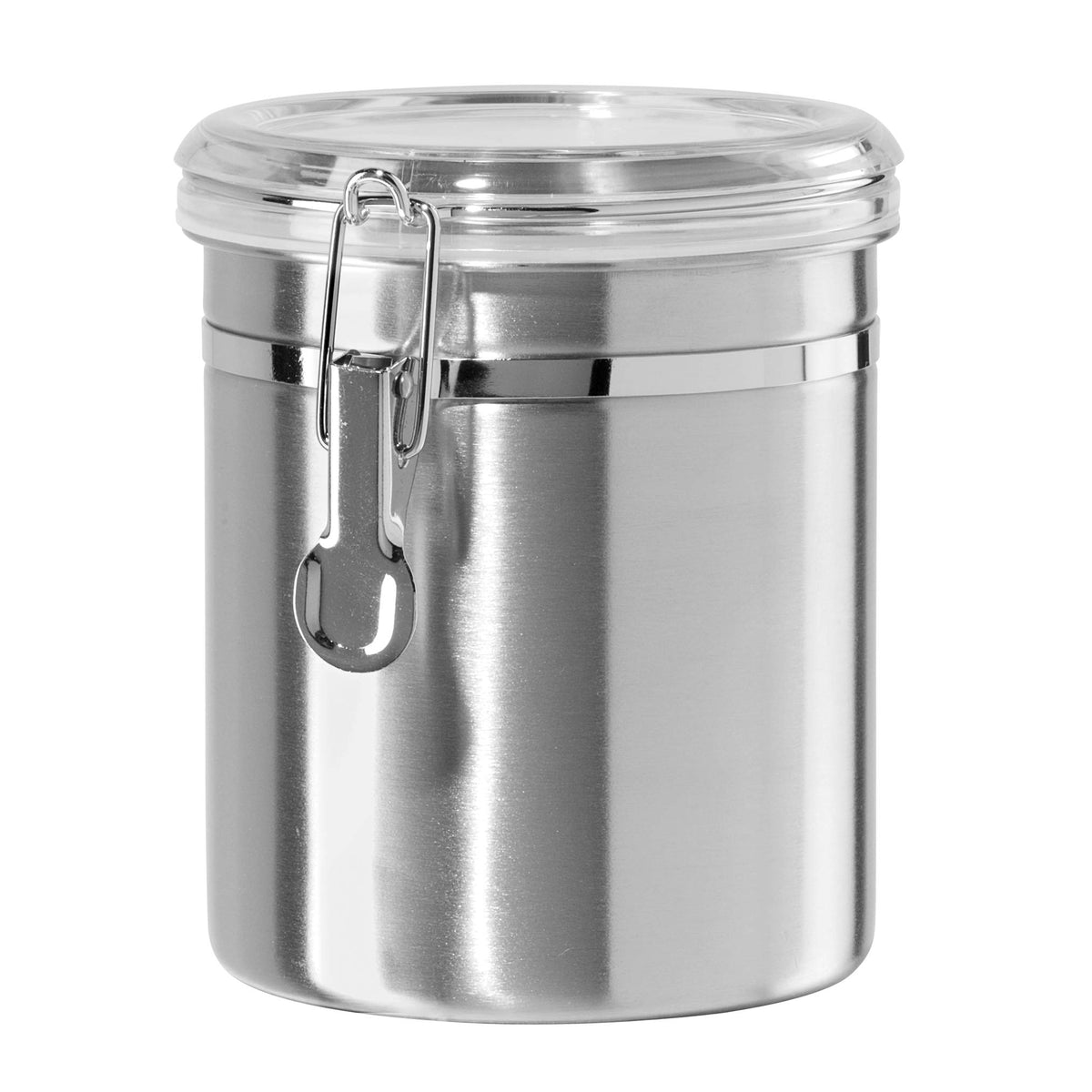 Oggi Stainless Steel Kitchen Canister 26 fl oz - Airtight Clamp Lid, Clear See-Thru Top - Ideal for Kitchen Storage, Food Storage, Pantry Storage. Size 5" x 3.5".