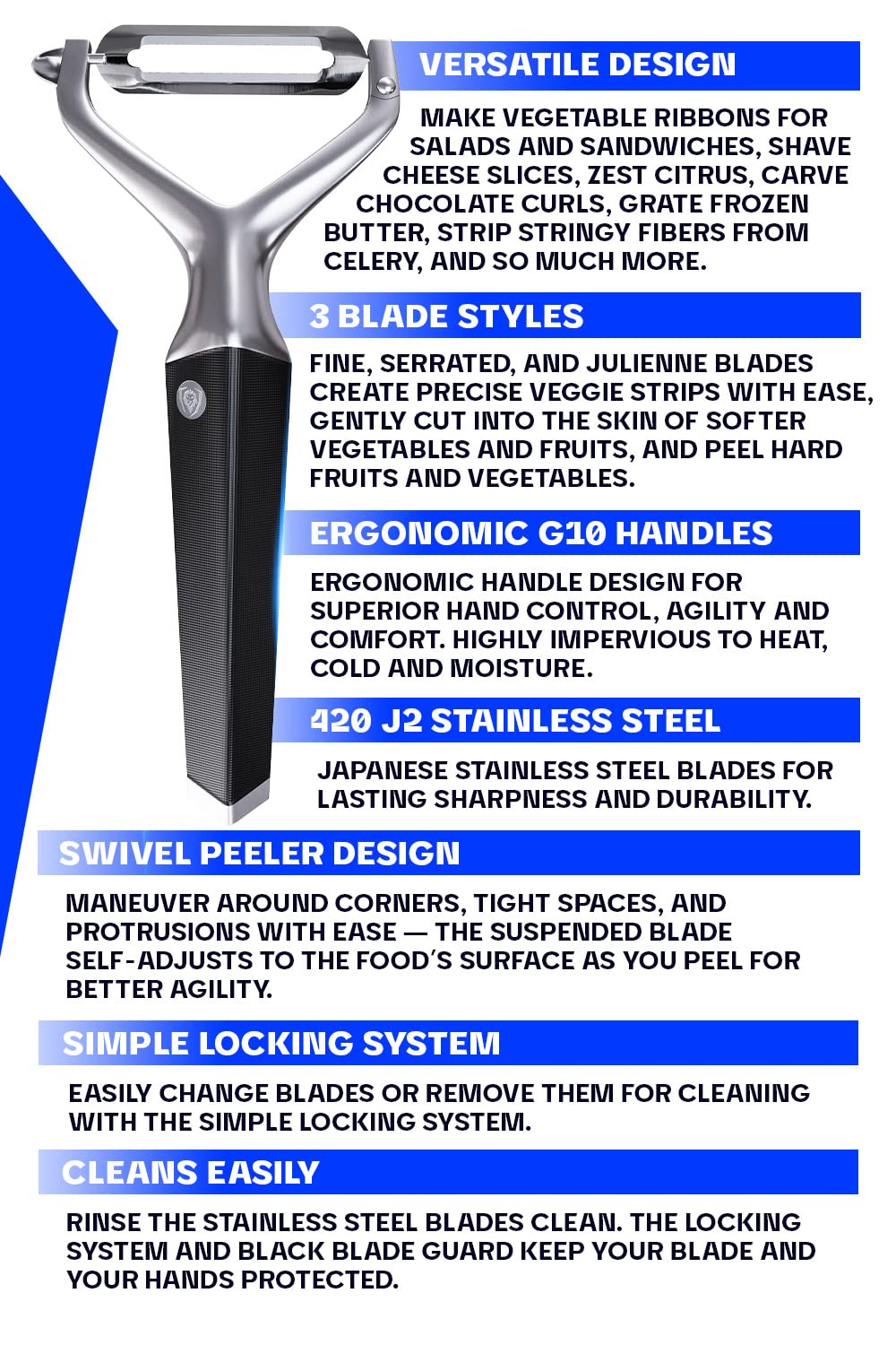 Dalstrong Y-Peeler Set — 3 Swappable Blades: Fine, Serrated & Julienne — HC Stainless Steel — For Vegetables, Citrus, Julienne Strips & Delicate Skins — G10 Handle, Razor VX, customer support
