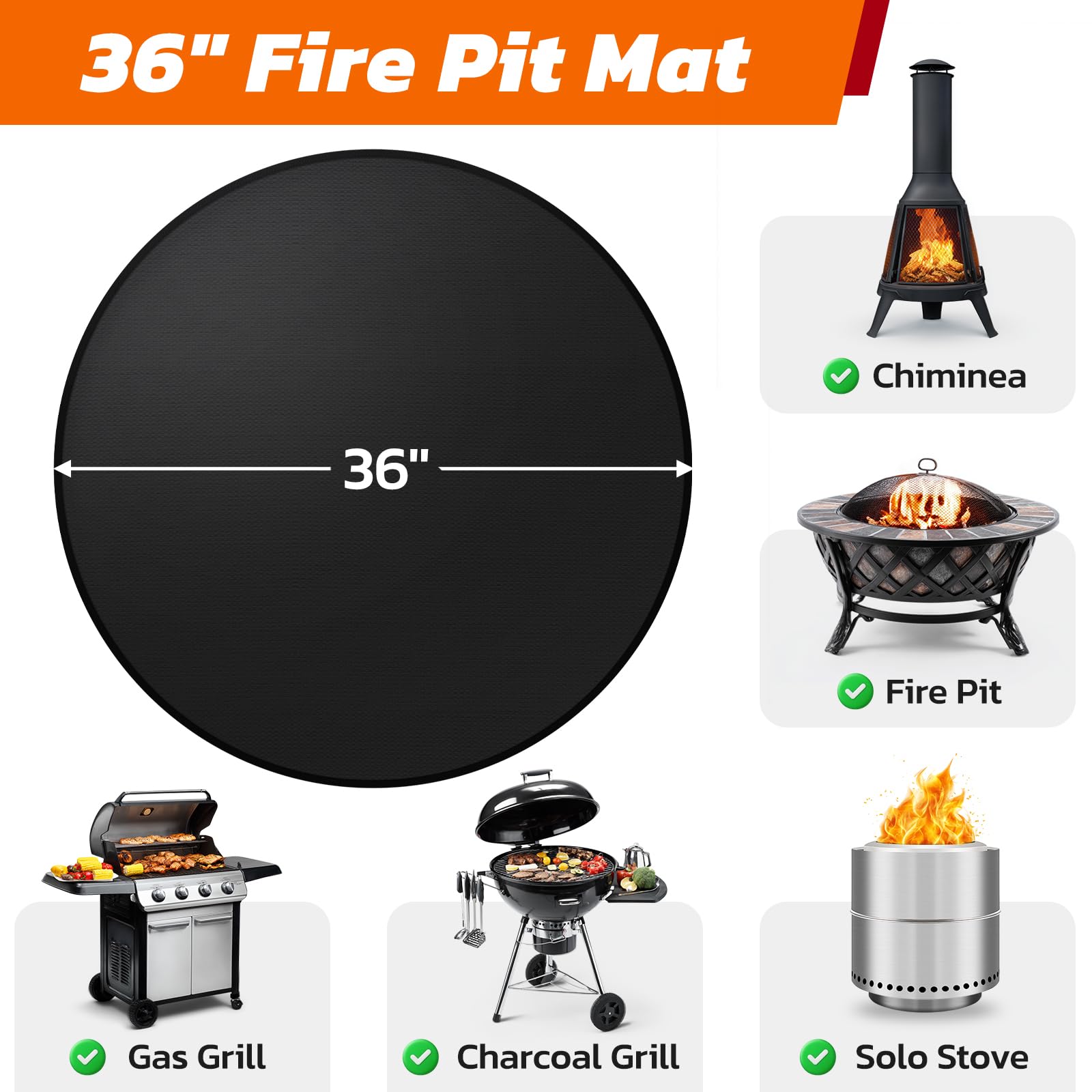 36" Heavy-Duty Fire Pit Mat for Solo Stove Bonfire: Round Fireproof Under Grill Mat Heat Insulated Indoor Fireplace Pad Protector for Decks, Patios, Grass, BBQ Smoker, Reusable Oil-Proof & Waterproof