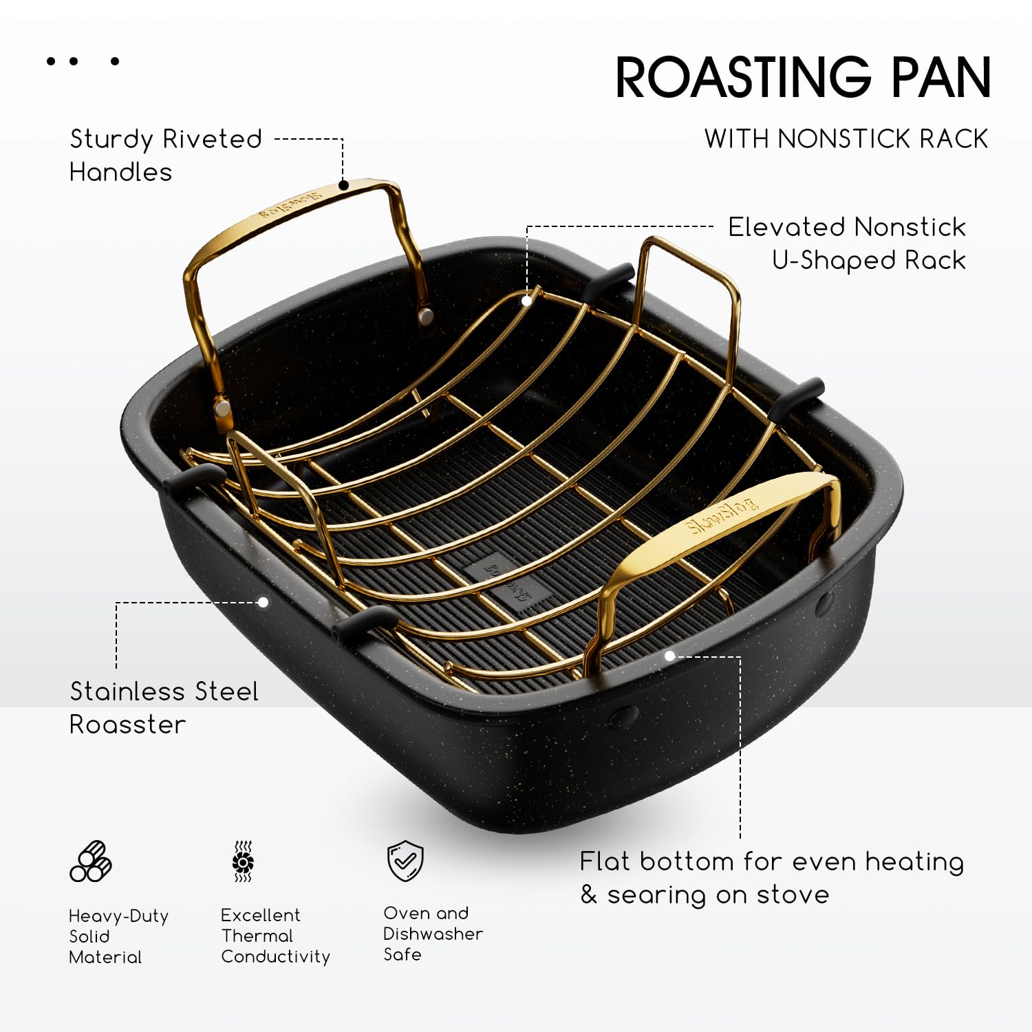 Nonstick Roasting Pan with Rack, 17" x 13" Large Turkey Roaster Pan, Oven Roasting Pan, Roaster Pan for Turkey, Chicken, Vegetable, Gold & Black