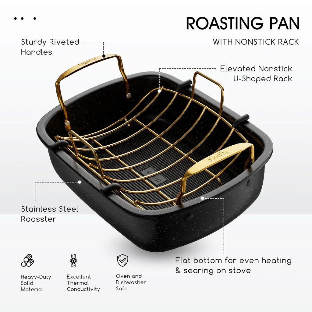 Nonstick Roasting Pan with Rack, 17" x 13" Large Turkey Roaster Pan, Oven Roasting Pan, Roaster Pan for Turkey, Chicken, Vegetable, Gold & Black