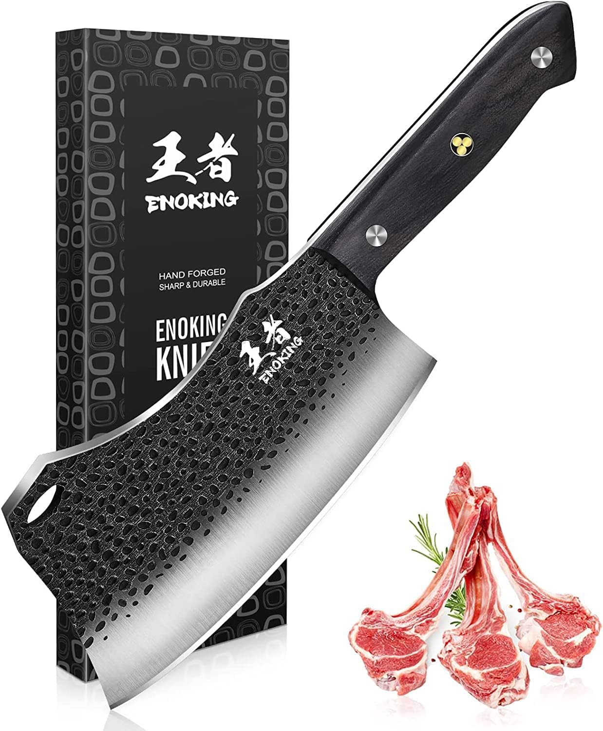 ENOKING 7.1″ Butcher Knife & Chef’s Knives – Hand Forged High Carbon Stainless Steel, Full Tang Meat Cleaver for Kitchen & Outdoor Meat Cutting